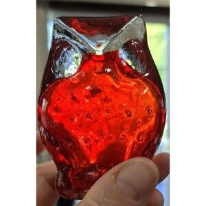 VTG Lefton 3” Glass Owl Clear Red W Controlled Bubbles In Center Japan EUC